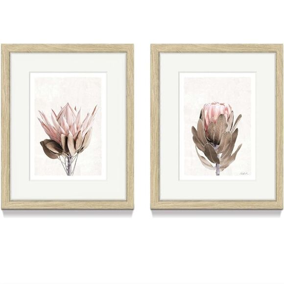 Framed Floral Wall Art Set of 2 – Pink Protea flowers with beige wood frames - Picture 2 of 10